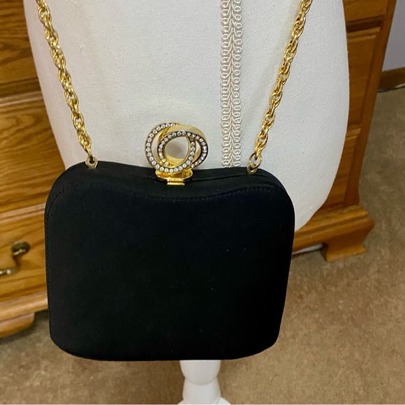 RODO VTG Rhinestones Black Satin Hard Case Evening Purse Handbag Clutch RARE* - Picture 11 of 13